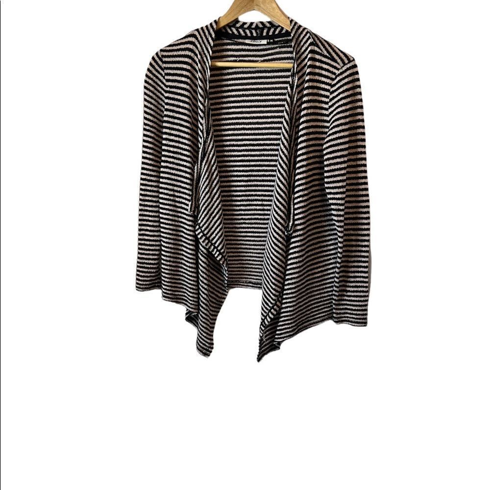 ONLY Black & Tan Striped Knit Open Loose Fit Cardigan Sweater M